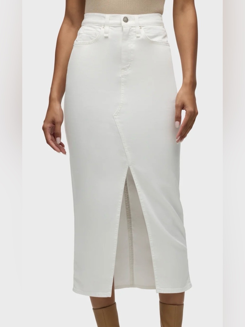 Hudson Jeans Reconstructed White Denim Midi Pencil Skirt Front Slit Size 23/00